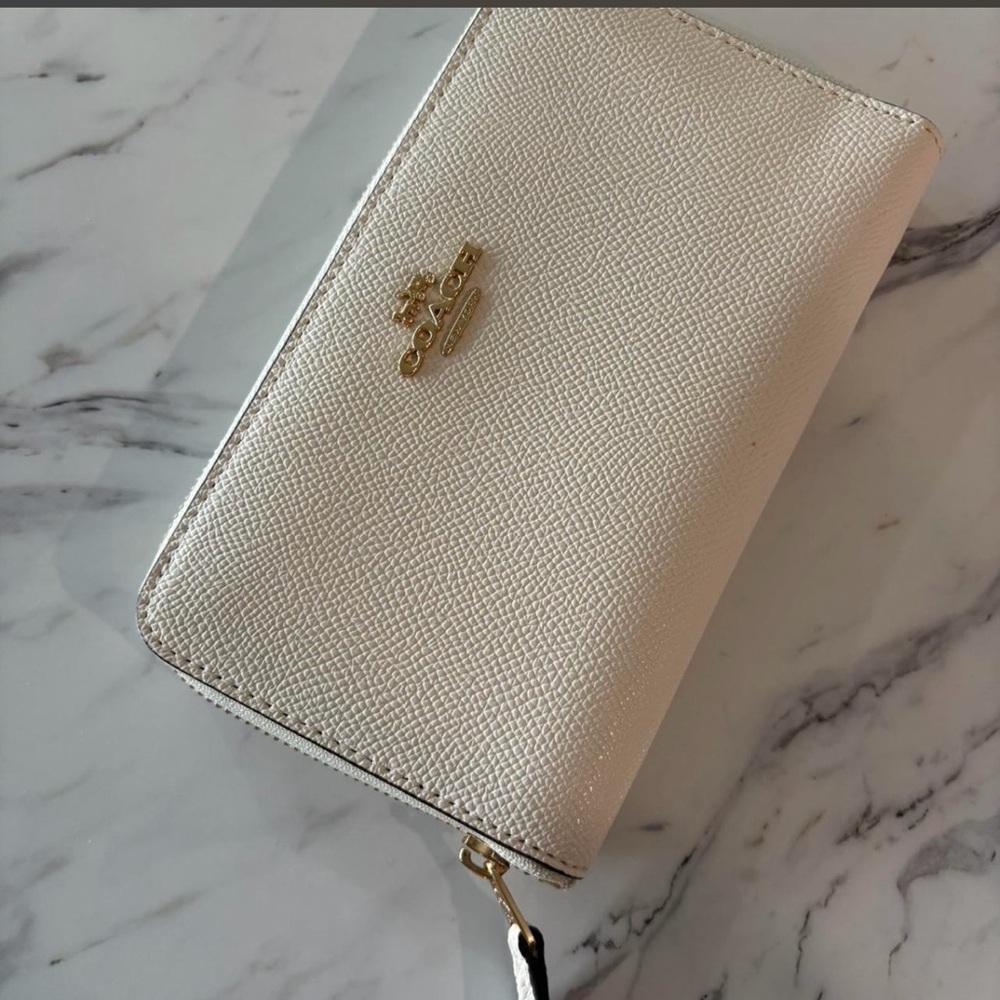 Coach Cream Saffiano Leather Zip Around Wallet with Gold Logo